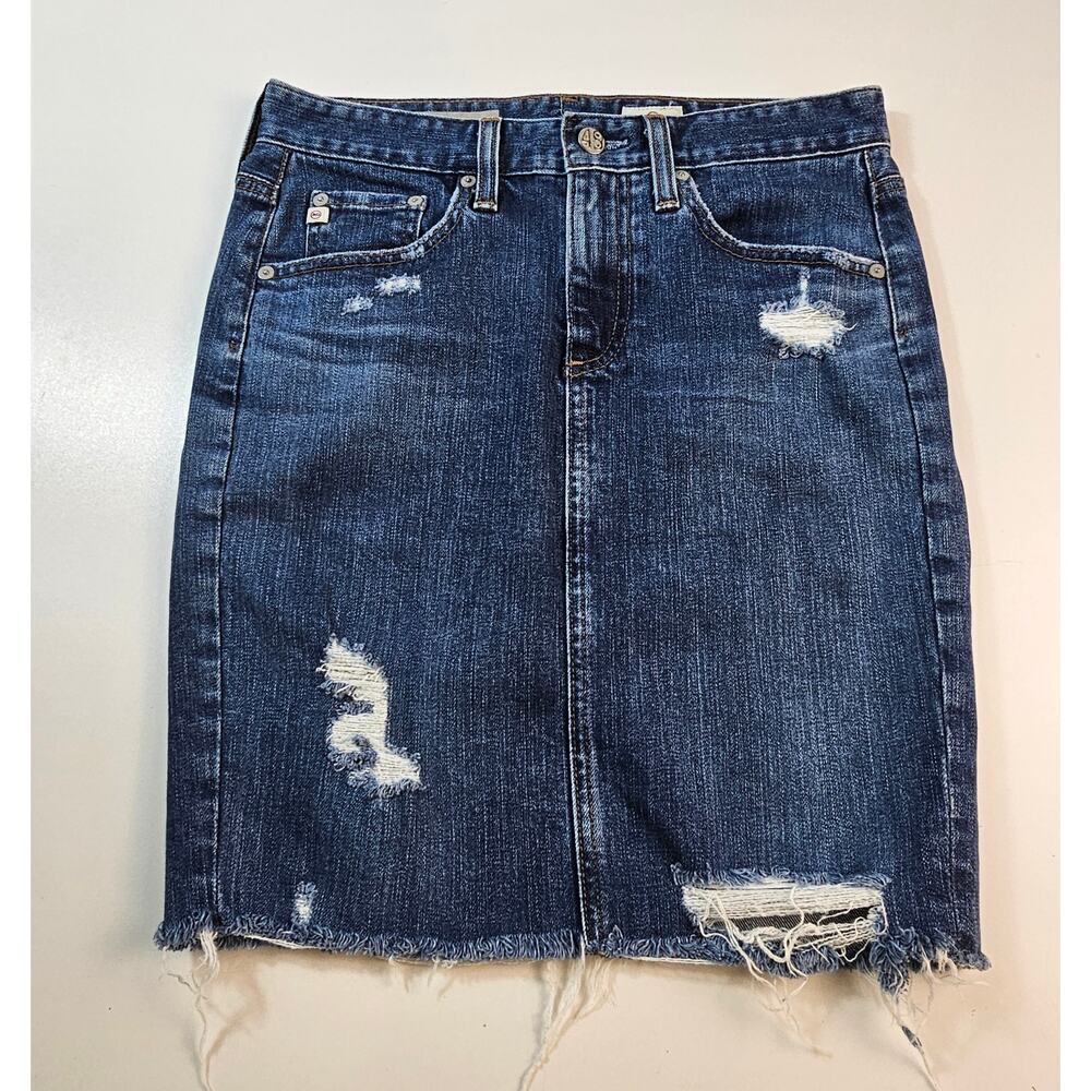 AG-ED Denim The Erin Pencil Skirt Blue Distressed Pockets Frayed Hems Size 26